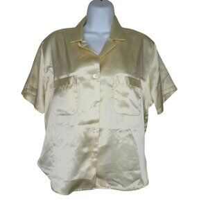 Victorias Secret Womens Satin Pajama Top S Gold Short Sleeve Button Down